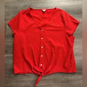 J.Crew Red Short Sleeve Button Front Tie-Hem Top Size 2X